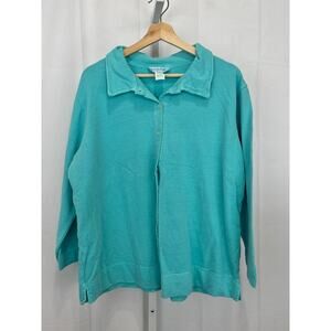 FRESH PRODUCE Button Front Shirt Long Sleeve Cotton Terry Knit Blue Green XL